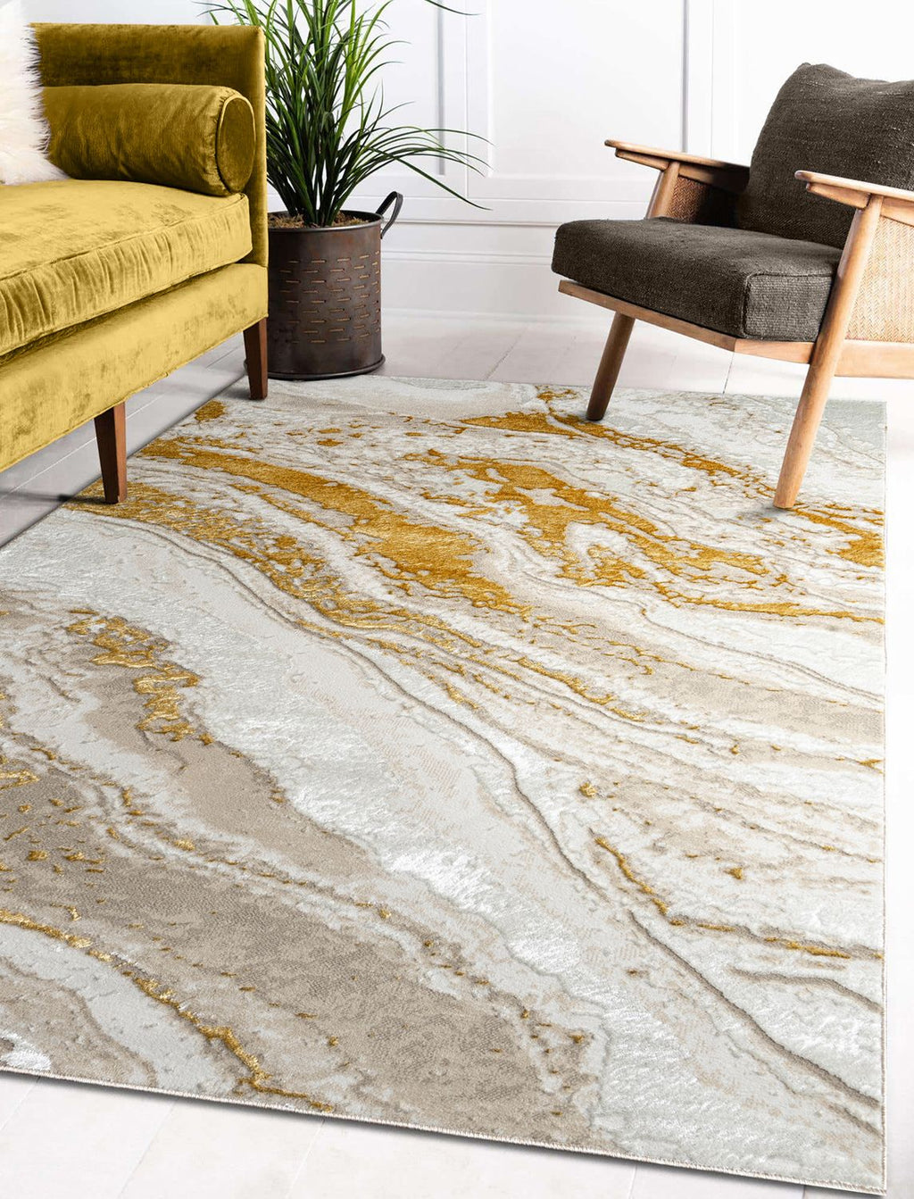 "Adina" Luxury Area Rug in Beige and Gold Abstract Design